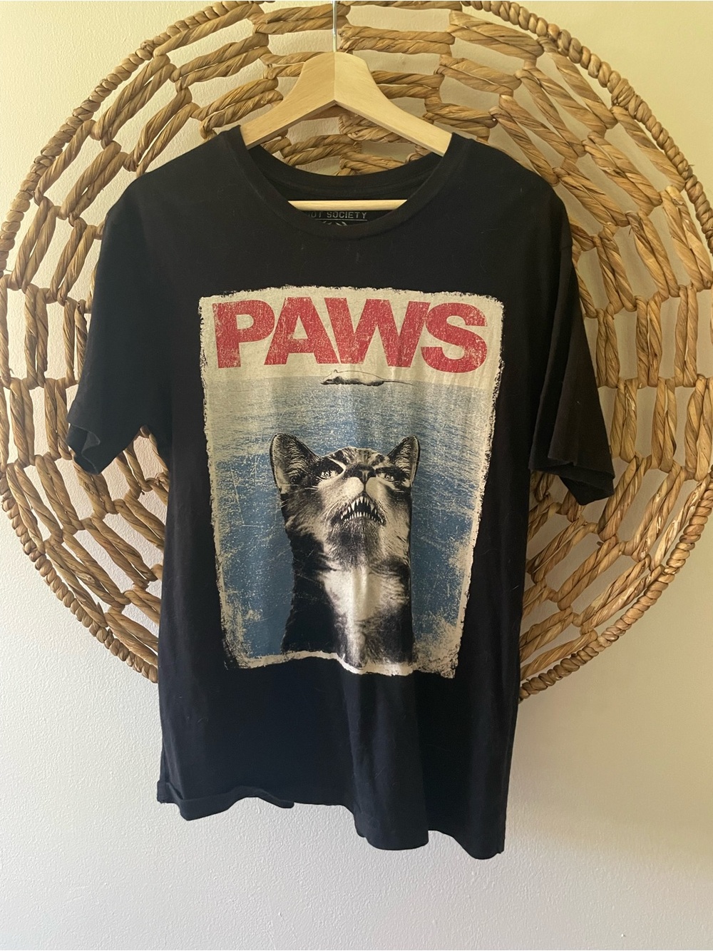 Riot Society Black Tee with Red PAWS Graphic and Blue Panel